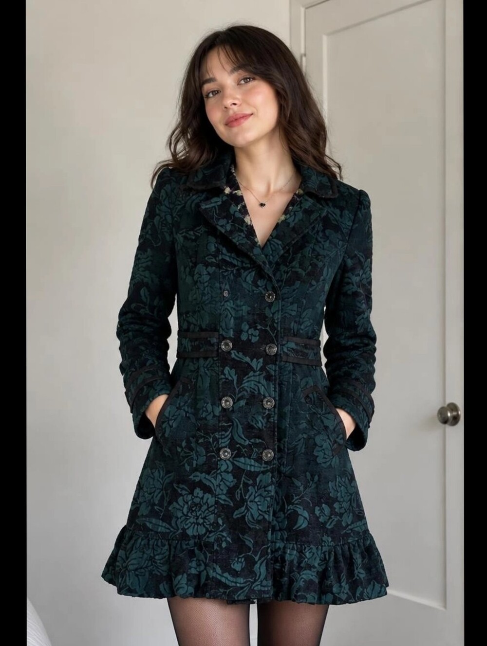 VTG Anthropologie Elevenses Brocade Ruffle Trench Co Size 12 - Picture 5 of 13